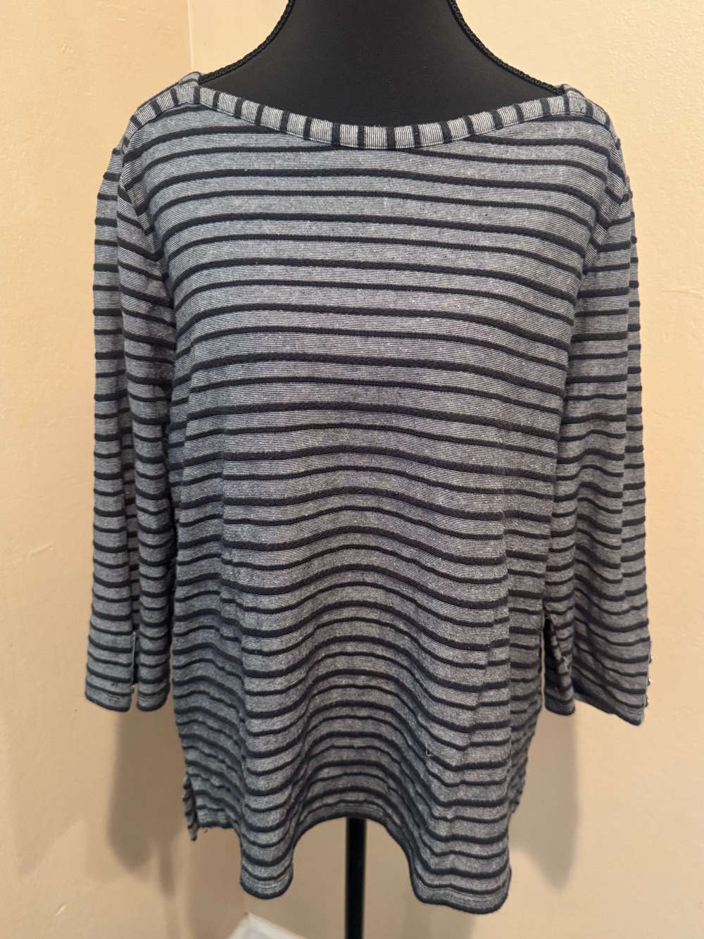 Black and White (grey?)Striped Knit Top.  3/4 Sleeves with Button Detail